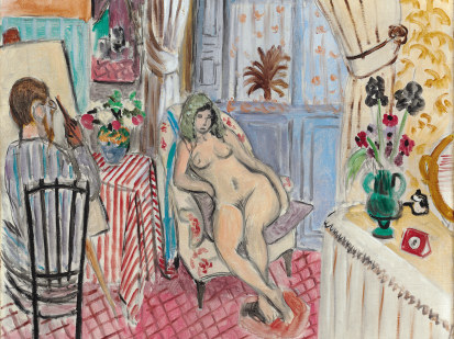 This is a cropped image of Henri Matisse's painting titled the artist and his model. It represents a nude model seated on an armchair in an interior and a painter holding a brush, looking at her and painting her at his easel. The overall color palette is bright and warm, filled with sky blue, bright yellows, and pink lemonade and red. There is a lot of patterns and stripes on the carper the tablecloth and the wall paper which provides a rich and vibrant composition.