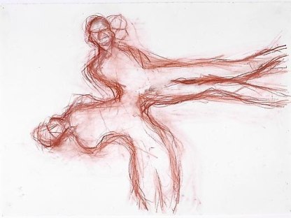 two conjoined sketched red figures