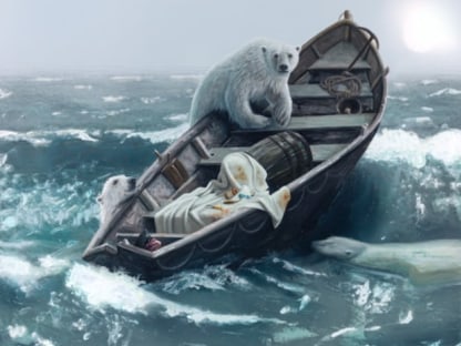 three Polar Bears climb onto a wooden lifeboat at sea