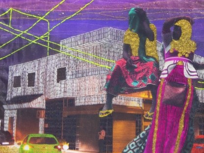 two figures superimposed onto a city corner with a bright yellow car in the lefthand corner. The collaged photograph is embroidered with threads of white and yellow and set against a pink and blue sky