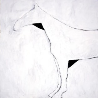 Black outline of a horse on a grey and white background