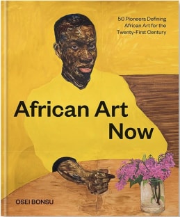 book cover featuring a paining of a black man wearing a bright yellow shirt and seated at a table with a small vase of pink flowers against a yellow background