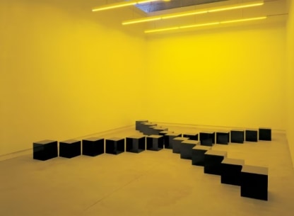 black marble blocks arranged in the shape of an X sit on the floor of a room bathed in a harsh yellow light