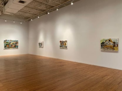 gallery installation view of four paintings by William Wegman on white walls