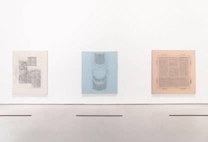 gallery installation view of three large paintings of institutional architectural plans drawn in graphite on painted canvas