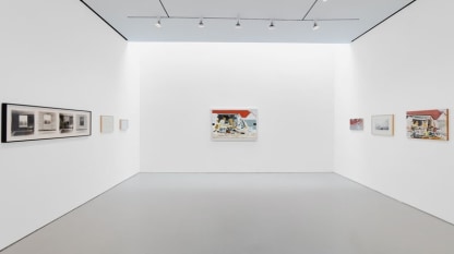 gallery installation view of William Wegman paintings, photographs and drawings