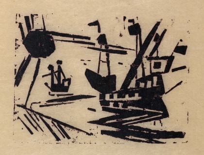 Ships and Sun woodcut by Lyonel Feininger