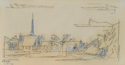 Lyonel Feininger (1871-1956), (Village), 1952, Watercolor and ink on paper, 7 1/2 x 13 3/4 in. (19.1 x 34.9 cm), Signed and dated lower left: Feininger June, 1952, Inscribed verso: In old-time Remembrance, to Alli, from his old &ldquo;Papilep&rdquo; L.F., Aug. 26th 1952