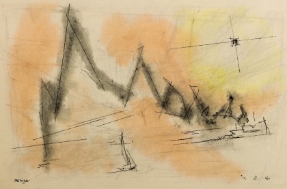Lyonel Feininger (1871-1956), (Smoke-script), 1946, Ink and watercolor on paper, 12 3/4 x 18 7/8 in. (32.4 x 47.9 cm), Signed lower left: Feininger, Dated lower right: 14. VII. 46., Inscribed bottom left: X. L.F., Titled bottom right: Smoke Script