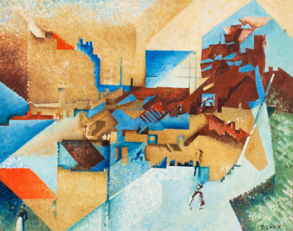 T. Lux Feininger (1910-2011), Cubist Picture (Dedicated to Juan Gris), 1974, oil on board, 19 x 24 in. (48.3 x 61 cm), Signed lower right: T Lux F, Signed, dated, titled, and dedicated on verso: T Lux Feininger 1974 Cubist Picture (dedicated to Juan Gris)