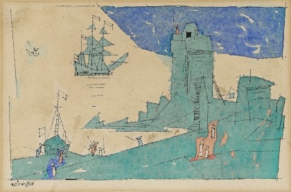 Lyonel Feininger (1871-1956), The Watch Tower, 1947, Ink and watercolor, 7 7/8 x 11 1/8 in. (20 x 28.3 cm), Signed lower left: Feininger, Titled and dated verso: 1947 The Watch Tower, Inscribed verso: &quot;Merry Xmas!&quot; To Jeanne, from Papileo with much love 1947