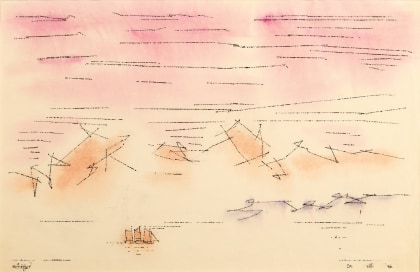 Lyonel Feininger (1871-1956), Sky Script, 1946, Watercolor and ink on paper, 12 1/2 x 18 7/8 in. (31.8 x 47.9 cm), Signed lower left: Feininger, Dated lower right: 20. VIII. &lsquo;46., Titled lower center: Sky Script
