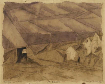 Lyonel Feininger (1871-1956), Am Bahndamm (On the train track), 1916, Pen, ink, and watercolor on paper, 9 3/4 x 12 1/2 in. (24.8 x 31.8 cm), Signed lower left: Feininger, Titled lower center: Am Bahndamm, Dated lower right: Dienstag D. 26 Sept. 1916