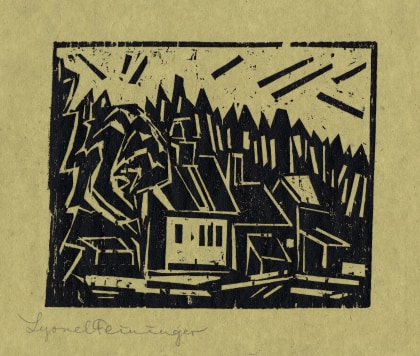 Lyonel Feininger (1871-1956), The Hunter's Lodge (Die Forsterei), 1918, Woodcut on light-green carbon-copy paper, 4 3/8 x 5 1/2 in. (11.1 x 14 cm), Signed lower left: Lyonel Feininger, Inscribed lower left: x, Numbered lower center: 1827, Inscribed lower right verso: inv. nr. 439