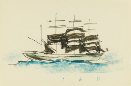 Lyonel Feininger (1871-1956), (Three-masted Sailing Ship), 1935, Crayon on paper, 5 9/16 x 8 5/8 in. (14.1 x 21.9 cm), Dated lower right: 1 6 35