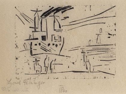 Outbound Steamer Odin woodcut by Lyonel Feininger