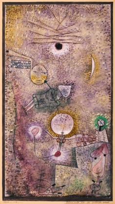 Paul Klee, Schicksale um die Jahres-Wende (Fates at the Turn of the Year), 1922, Watercolor on chalk grounding on paper, surrounded by watercolor and ink on cardboard, 13 5/8 x 7 &frac14; in. (34.5 x 18.5 cm), Signed lower left: Klee, Inscribed on cardboard lower right: Schicksale um die Jahres-Wende / 1922 / 113 S CL