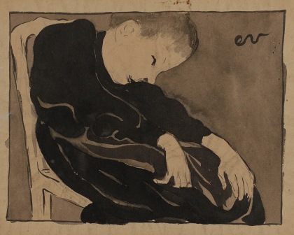 &Eacute;douard Vuillard (1868-1940), Marie Vuillard sur sa chaise, pench&eacute;e (Marie Vuillard in her chair, leaning), 1891-1892, Chinese ink wash on brown paper, 7 1/10 x 9 1/4 in. (18 x 23.5 cm), Initialed upper right: ev
