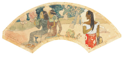Paul Gauguin, Ta-Matete (The Market), 1892, Fan: watercolor, gouache, pen and ink, and graphite on cream wove paper, 5 &frac34; x 18 1/8 in. (14.5 x 46 cm), John C. Whitehead Collection, until 2015