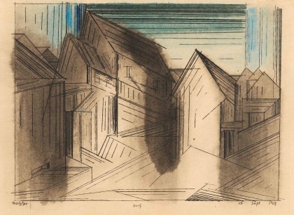 Lyonel Feininger (1871-1956), Dorf, 1923, Watercolor and ink on paper, 11 x 15 in. (27.9 x 38.1 cm), Signed lower left: Feininger, Titled lower center: Dorf, Dated lower right: 24 Sept 1923