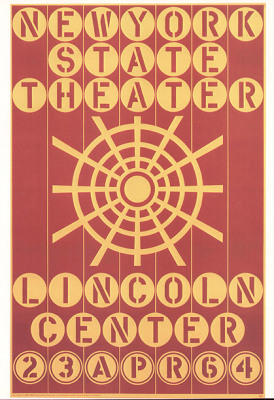 A red and yellow painting of a poster design for the New York State Theater. The work has the text "New York / State / Theater / Lincoln / Center / 23 Apr 64," each letter or number is painted in red and appears in a yellow circle. A yellow design resembling a target is in the center of the poster.