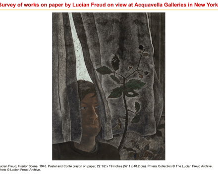 Photograph of "Survey of works on paper by Lucian Freud on view at Acquavella Galleries in New York"