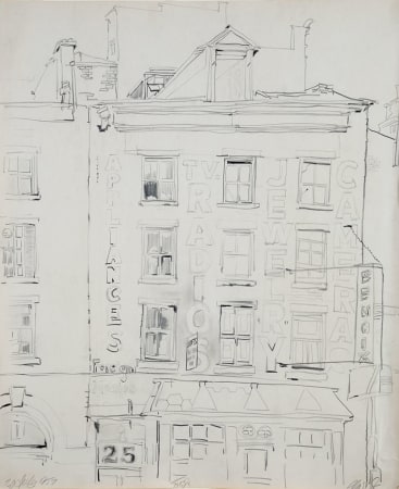 Drawing by Robert Indiana of his studio at 25 Coenties Slip. The words appliances, radios, jewelry, and cameras appear written down the front of the building