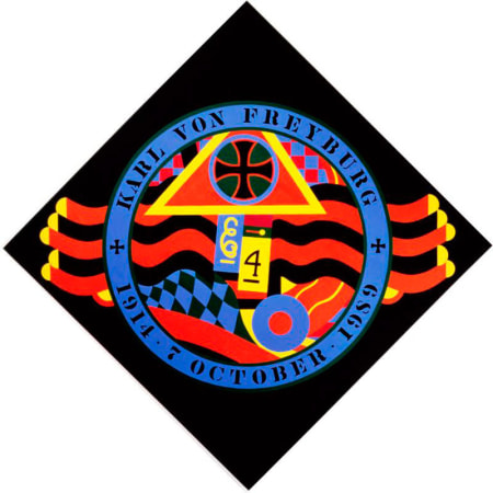 A black, red, yellow, and blue diamond shaped painting. In the center of the canvas is a large circle with a blue ring containing text painted in black stenciled letters. The text in the top half of the ring reads "Karl von Freyburg," and in the lower half "1914, 7 October, 1989."  Within the circle are stylized motifs of German World War I pageantry and references to von Freyburg. These include a red outlined black iron cross in a blue outlined black circle within a red triangle with a yellow outline, the yellow letter E on a blue ground, and a black numeral four on a yellow ground. Wavy black and red lines with yellow tips run from the center left corner of the canvas through the circle to the center right corner.