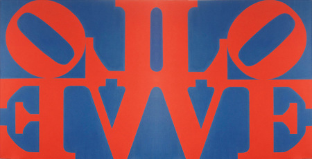 A diptych consisting of two identical love images, a red letter L and a red tilted. letter O over the letters V and E against a blue ground, arranged side by side, with the Os facing outward.