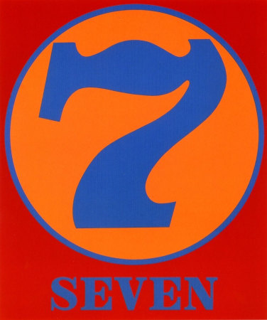 A red canvas dominated by a blue numeral seven within an orange circle with a blue outline. Below the circe the work's title, "Seven," is painted in blue letters.