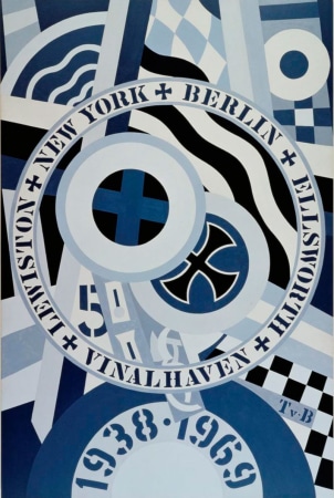 A grisaille painting with a circle surrounded by a white ring with text dominating the middle of the canvas. Starting in the upper left of the ring and going clockwise the text "New York, Berlin, Ellsworth, Vinalhaven, Lewiston," has been painted in black stenciled letters, with a small black cross separating each word. Within the circle is a black iron cross in dark gray circle with a light gray ring, as well as other World War I motifs and references to the soldier Karl von Freyburg. More motifs and references appear above and below the circle, including a half circle below, the dates 1938 and 1969 painted in dark gray stenciled numbers.