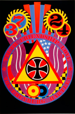 A black, blue, yellow, red, white, and magenta painting with.a circle surrounded by a magenta ring with red text dominating the lower two thirds of the canvas. The text in the top half of the ring reads "Truth Friendship Love," and in the bottom half of the ring "Von Freyburg Hartley." Dominating the circle is a white outlined black iron cross in a red circle within a yellow triangle with a red outline. Above the circle, in the upper left of the canvas are two blue circles, one with a red number 3 and another with a red number 7. The circle with the seven is surrounded by a ring with yellow and black stripes. In the upper right hand side of the canvas are two red circles, one with a black number two and another with a black number four. The circle with the number two is surrounded by a ring with black and yellow stripes.