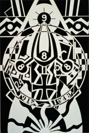 A black and white painting with a circle surrounded by a white ring dominating the middle of the canvas. The dates 1914 and 1943 are painted in the bottom of the ring. Within the circle is a white outlined black iron cross , as well as other World War I motifs and references to the soldier Karl von Freyburg, including three black circles, each with a with a white numeral 8, and the white number 24. More motifs and references appear above and below the circle, including a white nine in a black circle with a white ring directly above the central circle.