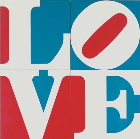 A square painting consisting of four panels spelling LOVE, each consisting of an individual letter in white against a red and blue ground.  The top left panel if the letter L, the top right panel the tilted letter O, the bottom left panel the letter V, and the bottom right panel the letter E.