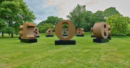 ONE Through ZERO (The Ten Numbers) consists of ten Cor-Ten steel sculptures of the numerals one through zero, each on a painted aluminum base, measuring 78 by 74 by 38 inches, including the base.