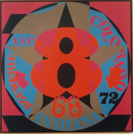 A square painting with a red ground and a circle containing a blue decagon dominating the canvas. In the center of the circle is a large brown, black, and magenta numeral one. Painted on top of the one is a brown, black, and magenta star, and on top of the star is a red and magenta numeral eight. Text, arrows and numbers are painted in the spaces between the arms of the stars. On the right side Colorado is painted in red letters, with a red arrow covering part of the letters D and O. Below the arrow is a black 72. Indiana is painted in blue at the bottom of the circle, with a red 68 above.  "Asp" is painted in red in the upper left, and "Bouwerie" in red, with a magenta arrow to its right, appear in the lower left side. 