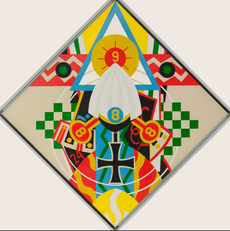 A white, red, yellow, green, and light blue diamond shaped painting with a cream ground. The painting consists of stylized elements, some referencing German World War I pageantry and others von Freyburg. Towards the bottom of the canvas is a white outlined black iron cross. Above is it s yellow number 8 in a blue circle, to the left and right are yellow number 8s in red ovals. Towards the top of the canvas is a yellow number nine in a red circle with red rays, within a larger yellow circle, within a white triangle with a blue outline. Other design elements include a green and white checkered pattern, and cream zigzagged lines within a red band.