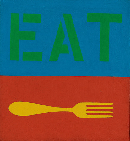 A painting with a blue upper half containing green stenciled letters spelling Eat. The bottom half of the canvas is red and contains a yellow fork with the tines facing to the right.