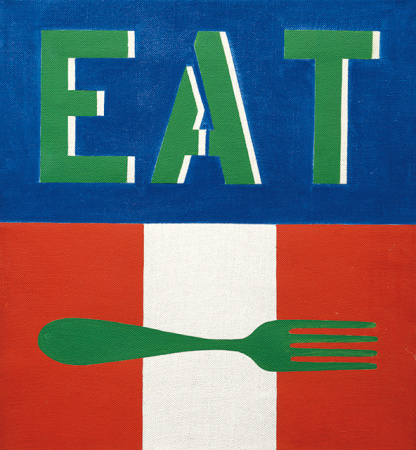 Eat is a 12 by 11 inch painting. The upper half contains green and white stenciled letters spelling Eat on a blue background. The bottom half of the canvas is red and white striped and contains a green fork with the tines facing to the right.