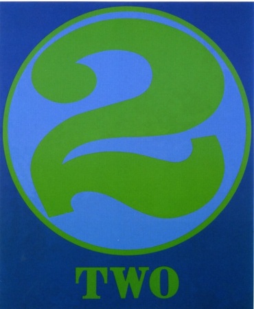 A blue canvas dominated by a green numeral two within a blue circle with a green outline. Below the circe the painting's title, "Two," is painted in green letters.