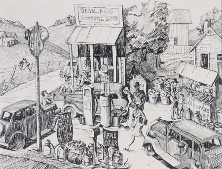 Drawing by Robert Indiana of his cousin's general store and a gas station. The image features three cars, one being filled with gas. There is also a stand selling apples and apple cider.