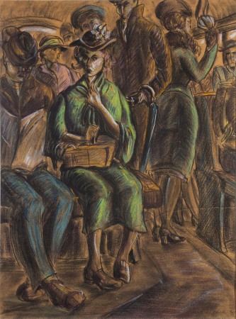 A pastel drawing of a woman in a green dress on a bus, seated next to a man reading a newspaper. Other passengers are visible standing and sitting in the background.