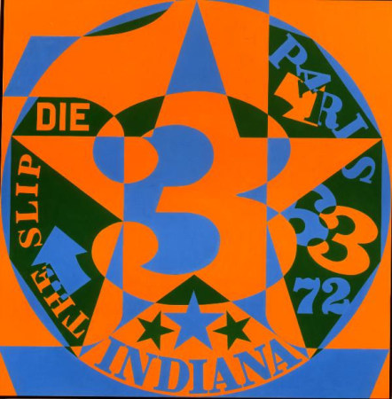 A square painting with an orange ground and a circle containing a black decagon dominating the canvas. In the center of the circle is a large blue and orange numeral one. Painted on top of the one is a blue and orange star, and on top of the star is a blue, orange, and black numeral three. Text, arrows and numbers are painted in the spaces between the arms of the stars. On the right side Paris is painted in blue letters, with an orange arrow painted underneath the letters A and R. The number 63, the six painted blue and the three orange, and a blue number 72, appear in the lower right side of the circle. Indiana appears painted blue at the bottom of the circle, with three stars above it.  The words "Die" and "The Slips" are painted in orange letters in the left side of the circle, as well as a blue arrow.