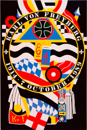 A black, blue, red, yellow, and white painting. A circle surrounded by a ring with text dominates the upper two thirds of the canvas. In the upper half of the ring "Karl von Freyburg" has been painted in white stenciled letters, and in the lower half "1914 7 October 1989." Within the circle is a black iron cross in a blue triangle with a yellow outline, as well as other World War I motifs and references to the soldier Karl von Freyburg. More motifs and references appear in the bottom third of the painting, including the flag of St. George, the yellow initials Kv.F on a red background, and the yellow number 24 on a blue background.