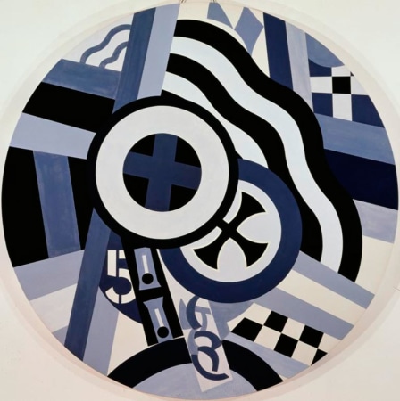 A black, white, and gray circular painting consisting of numerous stylized elements. At the center are two crosses, one dark gray cross within a black circle surrounding by a think white ring and a thinner black ring, and the other a black iron cross in a white circle surrounded by a dark gray ring. Other design elements include a black and white checkerboard pattern, wavy black and white stripes, and different combinations of gray, black, and white stripes.