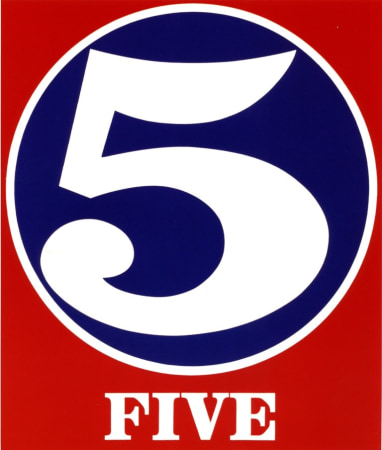 A red canvas dominated by a white numeral five within a blue circle with a white outline. Below the circe the painting's title, "Five," is painted in white letters.