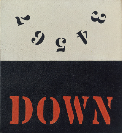 A painting with its title, Down, in red letters against a black ground in the bottom half. The upper half of the canvas is white, with the numerals three to seven appearing upside down in an arc pattern.