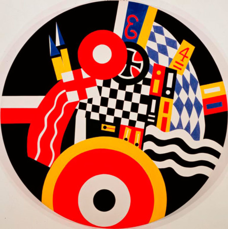 KvF XVII is a black, red, yellow, blue, and white circular painting with a 60 inch diameter.  It consists of numerous stylized elements. At the center bottom of the circle is a black circle surrounded by a white ring surrounded by a red ring and yellow ring, the latter two cutting off so that only a semi circle is visible. At the top of the circle is a red letter E against a blue rectangular ground, and below is a black iron cross in a red circle with a black band. Other design elements include a blue and white diamond pattern, a black and white checkerboard pattern, and black and white wavy stripes.