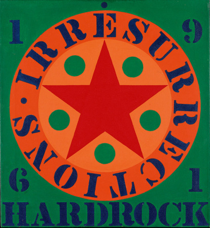 A painting dominated by an orange circle against a green background. A red star is in the center of the circle, with green circles in between each of the star's arms. The word irresurrections is painted in blue stenciled letters in a ring surrounding the star. A blue numeral one appears in the upper left of the canvas, a blue nine in the upper right, a blue six in the lower left and a blue one in the lower right. The work's title, Hardrock, is painted in blue stenciled letters across the bottom of the canvas.