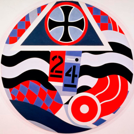 A black, red, white, gray, and blue circular painting consisting of numerous stylized elements. At the center are a black number two against a red rectangular ground and a black number four against a blue rectangular ground. Black and white wavy stripes are found to the left and right of the numbers, and above is a black iron cross in a light gray circle with a red outline within a dark blue triangle with a white outline. Other design elements include a blue and red diamond pattern and red wavy lines.